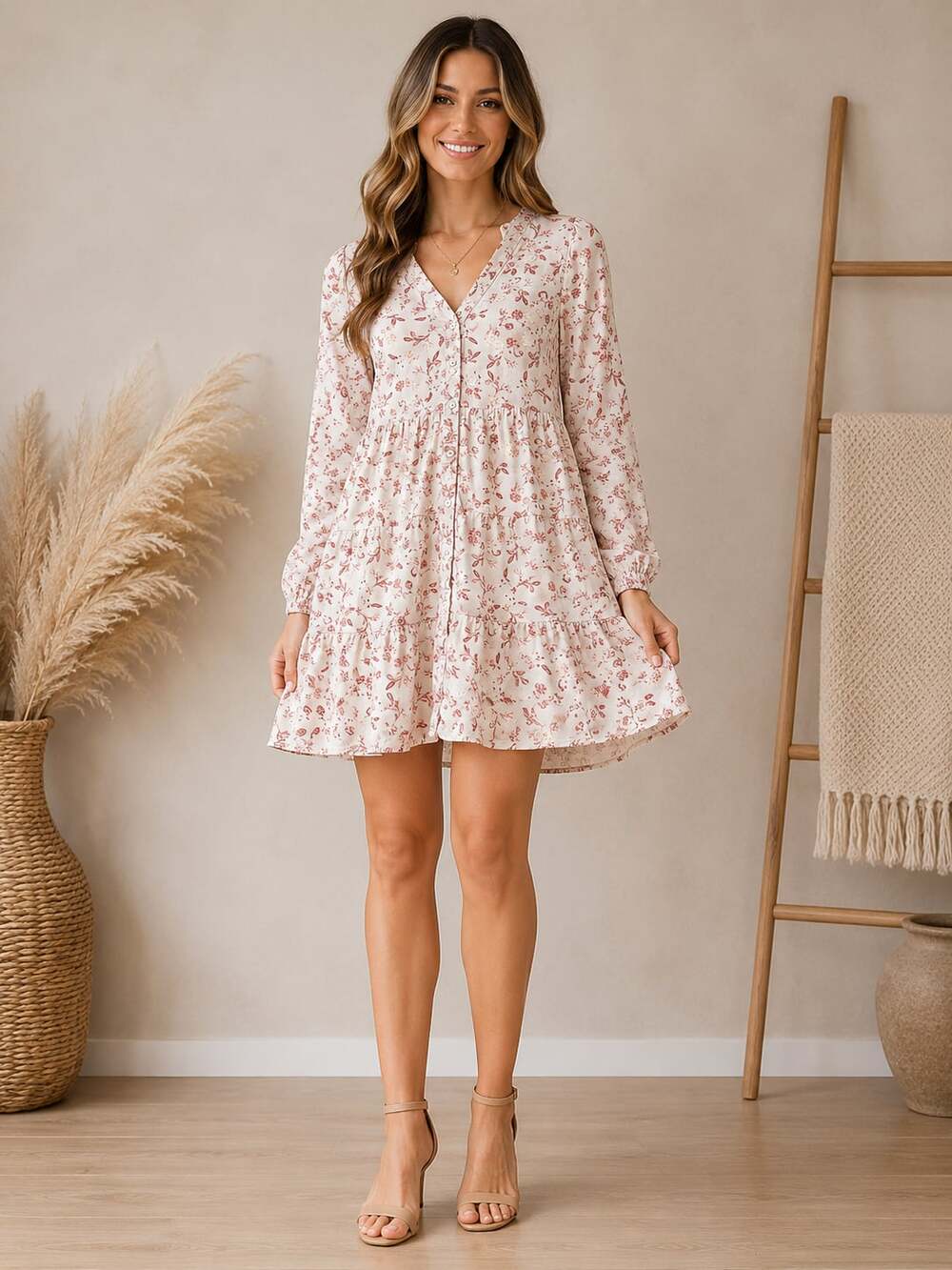 Lucky Brand Floral Tiered Mini Dress Medium Button Front Cottagecore Boho